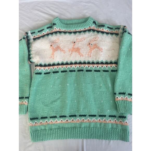 VTG Hand Made Reindeer Print Heavy Wool Knit Sweater - Women's L / Men's S - Picture 1 of 7